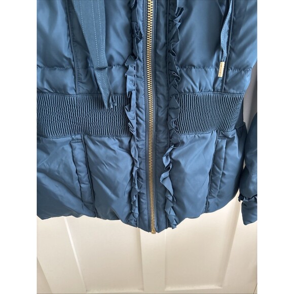 EUC Juicy Couture Teal Blue Quilted Hooded Puffer Down Filled Ruffle Jacket Med - Picture 4 of 13